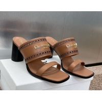Most Popular Dior D-Lane Heeled Slides Sandal 7.5cm in Calfskin with Openwork Microcannage Motif Brown 0425027