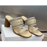 Stylish Dior D-Lane Heeled Slides Sandal 7.5cm in Calfskin with Openwork Microcannage Motif Beige 0425028