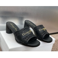 Perfect Dior D-Lane Heeled Slides Sandal 5.5cm in Calfskin with Openwork Microcannage Motif Black 0425030