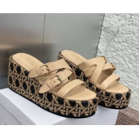 Grade Quality Dior L'Amazone Wedge Slides Sandal 6cm in Calfskin and Graphic Cannage Straw with Buckle Beige 0425033