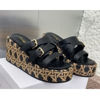 Modern Dior L'Amazone Wedge Slides Sandal 6cm in Calfskin and Graphic Cannage Straw with Buckle Black 0425034