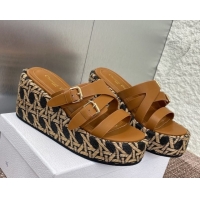 Good Quality Dior L'Amazone Wedge Slides Sandal 6cm in Calfskin and Graphic Cannage Straw with Buckle Brown 0425035