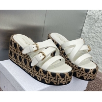 Crafted Dior L'Amazone Wedge Slides Sandal 6cm in Calfskin and Graphic Cannage Straw with Buckle White 0425036