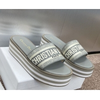 Charming Dior Dway Striped Platform Slides Sandal 4cm in Embroidered Cotton Grey 0425069