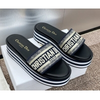 Cheap Price Dior Dway Striped Platform Slides Sandal 4cm in Embroidered Cotton Deep Blue 0425071