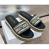 Good Product Dior Dway Wool Platform Slides Sandal 4cm in Embroidered Cotton Blue 0425072