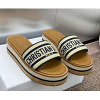 Big Discount Dior Dway Wood Platform Slides Sandal 4cm in Raffia and Embroidered Cotton Beige/Blue 0425074