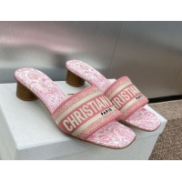 Hot Style Dior Dway Heel Slides Sandal 4.5cm in Embroidered Cotton with D-Butterfly Paisley Motif Pink 0425083