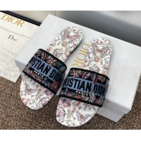 Luxury Dior Dway Flat Slides Sandal in Embroidered Cotton with Multicolor Toile de Jouy Papillon Motif Blue 0425088
