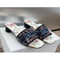 Best Grade Dior Dway Heel Slides Sandal 4.5cm in White and Blue Cotton with Amour 1947 Embroidery 0425099