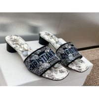 Good Quality Dior Dway Heel Slides Sandal 4.5cm in Embroidered Cotton White/Blue 0425101