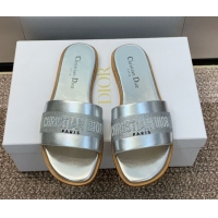 Top Grade Dior Dway Flat Slides Sandal in Calfskin and Embroidered Cotton Silver 0425110