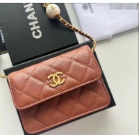 Famous Brand Chanel Grained Calfskin Clutch with Chain and Pearls 0618 Brown 2025