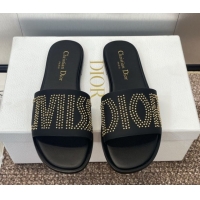 Unique Style Dior Dway Flat Slides Sandal in Calfskin and Gold-Finish Studs Black 0425117