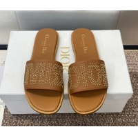 Good Quality Dior Dway Flat Slides Sandal in Calfskin and Gold-Finish Studs Brown 0425119