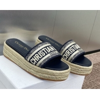 Charming Dior Dway Platform Slides Sandal 4cm in Embroidered Cotton Deep Blue 0605016
