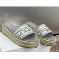 Pretty Style Dior Dway Platform Slides Sandal 4cm in Embroidered Cotton Grey 0605019
