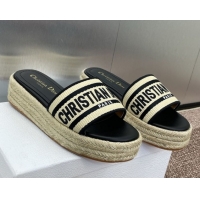 Top Grade Dior Dway Platform Slides Sandal 4cm in Raffia Straw and Embroidered Cotton Beige/Black 0605020