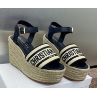 Good Looking Dior Dway Wedge Sandals 10cm in Calfskin, Raffia Straw and Embroidered Cotton Beige/Blue 0605022