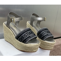 Shop Cheap Dior Dway Wedge Sandals 10cm in Calfskin and Embroidered Cotton Silver Grey 0605023