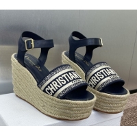 Classic Hot Dior Dway Wedge Sandals 10cm in Calfskin and Embroidered Cotton Deep Blue 0605024