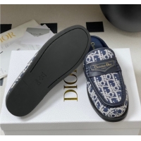 Best Grade Dior Boy Flat Mules in Cotton Embroidered with Dior Oblique Motif and Calfskin Panels Navy Blue 0605045