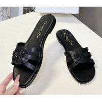 Good Quality Dior D-Club Flat Slides Sandal in Calfskin Leather Black 0605051