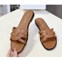 Shop Duplicate Dior D-Club Flat Slides Sandal in Calfskin Leather Brown 0605053