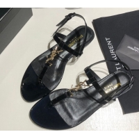 Top Grade Saint Laurent Cassandra Flat Thong Sandals in Patent Leather Black/Gold 0424001