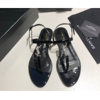 Pretty Style Saint Laurent Cassandra Flat Thong Sandals in Patent Leather with Strass Black 0424004