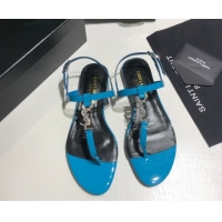 Unique Style Saint Laurent Cassandra Flat Thong Sandals in Patent Leather with Strass Blue 0424005
