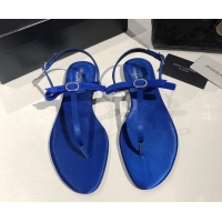 Low Cost Saint Laurent Suede Flat Thong Sandals with Strass Bow Blue 0424007