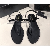 Top Design Saint Laurent Suede Flat Thong Sandals with Strass Bow Black 0424006