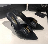 Grade Quality Saint Laurent Babylone Heel Slides Sandal 10.5cm in Calf Leather with Framed YSL Black 0424009