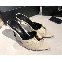 Durable Saint Laurent Babylone Heel Slides Sandal 10.5cm in Calf Leather with Framed YSL Cream White 0424011