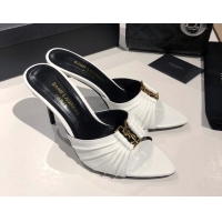 Charming Saint Laurent Babylone Heel Slides Sandal 10.5cm in Calf Leather with Framed YSL Optic White 0424014