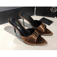 Top Grade Saint Laurent Babylone Heel Slides Sandal 10.5cm in Calf Leather with Framed YSL Bronze 0424020