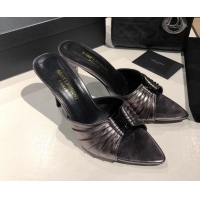Hot Style Saint Laurent Babylone Heel Slides Sandal 10.5cm in Calf Leather with Framed YSL Metallic Grey 0424021