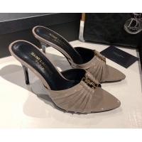 Sumptuous Saint Laurent Babylone Heel Slides Sandal 10.5cm in Patent Leather with Framed YSL Grey 0424018
