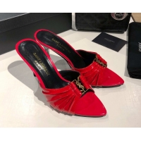 Buy Discount Saint Laurent Babylone Heel Slides Sandal 10.5cm in Patent Leather with Framed YSL Red 0424019