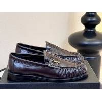 Stylish Saint Laurent Le Loafers Penny Slippers in Eel Embossed Leather Burgundy 0424026