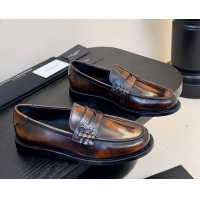 Shop Duplicate Saint Laurent Le Loafers Penny Slippers in Faded Leather Brown 0424030