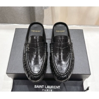 Luxury Discount Saint Laurent Le Loafers Mules in Eel Embossed Leather Black 0424039