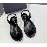 Best Price Saint Laurent Cassandre Flat Thong Sandals in Patent Leather Black 0424042