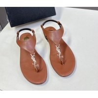 Perfect Saint Laurent Cassandre Flat Thong Sandals in Smooth Leather Brown 0424043