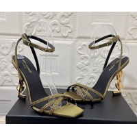Grade Quality Saint Laurent Opyum YSL Heel Sandals 10.5cm in Satin and Strass Green 0424045