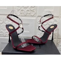 Best Product Saint Laurent Harlow Heeled Sandals 10.5cm in Satin with Strass and Stone Burgundy 0424051