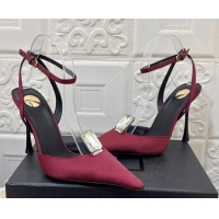 Charming Saint Laurent Harlow Pumps 10.5cm in Satin with Strass and Stone Burgundy 0424056