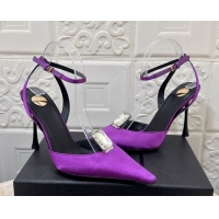 Top Design Saint Laurent Harlow Pumps 10.5cm in Satin with Strass and Stone Purple 0424059