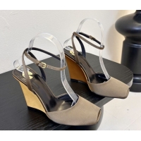 Cheap Price Saint Laurent La Scandale Open Toe Wedge Sandals 11cm in Satin Green/Gold 0424060